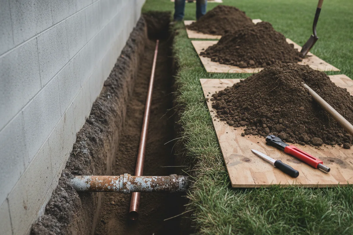 Excavated water line trench during Water Softener Installation in Centerport